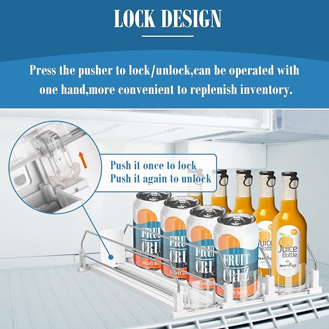 asika Drink Organizer for Fridge, Adjustable Width Soda Can Dispenser for Refrigerator Organizers and Storage, 3 Rows Beer Bottle Beverage Holder with Pusher Glide (14.96" D, White)