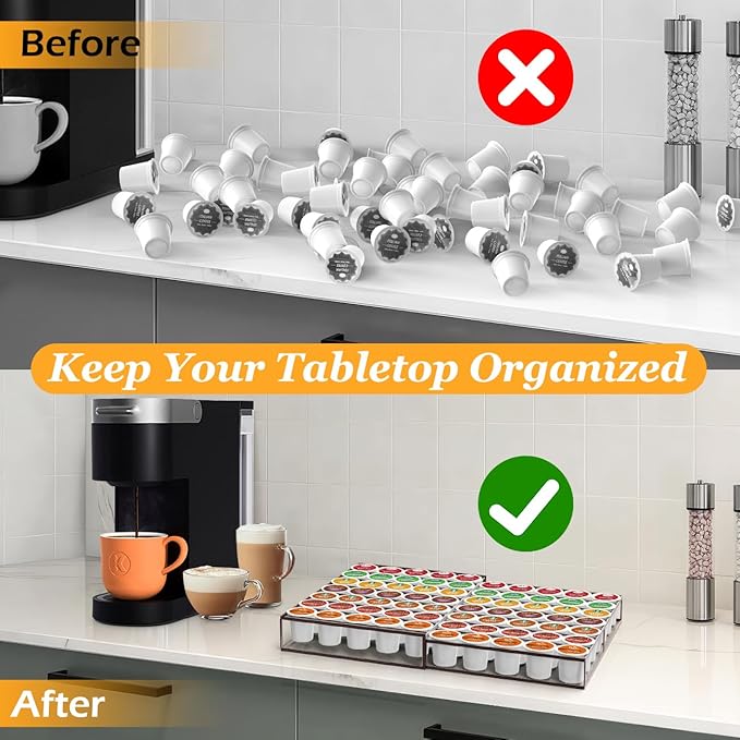 Coffee Pod Holder Drawer, Expandable K Cup Holder Compatible with Keurig K-Cup, K Cup Drawer Organizer Hold 35-70 Coffee Pod Storage for Coffee Station Office and Kitchen, Bronze