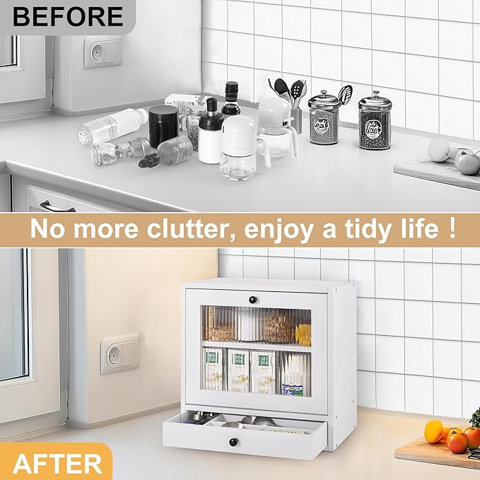 Sunhoo Bread Box for Kitchen Countertop Bin 2 Layer Wooden Bread Storage Breadbox Holder Large Capacity Container Bread Organizer Farmhouse Keeper Shelf with Drawer Acrylic Window (White