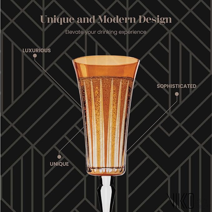 Vikko Champagne Flutes, Timeless Collection 6 Ounce Elegant Wine Glass for Fine Dining, Set of 4 Amber Goblets with Stem, Dishwasher Safe