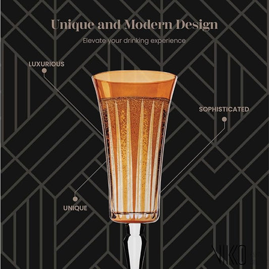 Vikko Champagne Flutes, Timeless Collection 6 Ounce Elegant Wine Glass for Fine Dining, Set of 4 Amber Goblets with Stem, Dishwasher Safe