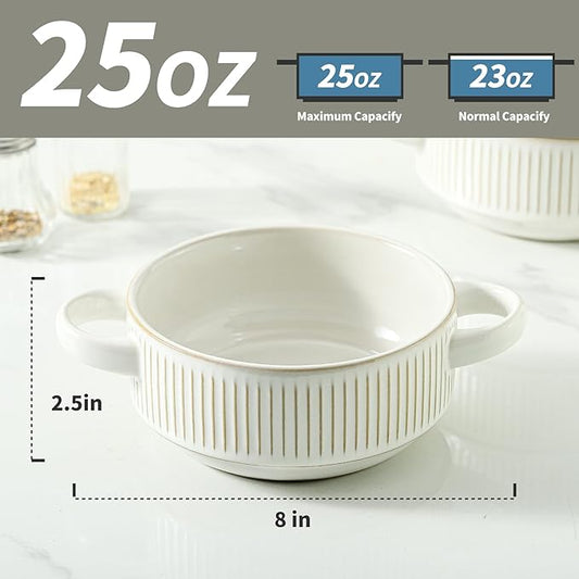 Soup Bowls with Handles, 20 oz French Onion Soup Crocks, Stackable Soup Bowl Oven Safe for Chili, Beef Stew, Embossment Ceramic Bowl Set - 5.4 Inch, Set of 4，Blue