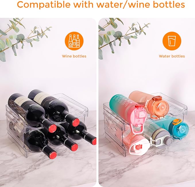 BoxedHome Plastic Water Bottle Organizer and Wine Rack Storage Holder for Inside Cabinet, Kitchen Countertop, Table Top, Pantry, Bars, Cabinets, Fridge - Clear (2 Tier 6 Containers)