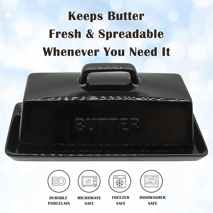 Ceramic Butter Dish With Lid for Countertop, Covered Butter Container, Large Butter Holder With Lid, Butter Tray With Handle Black