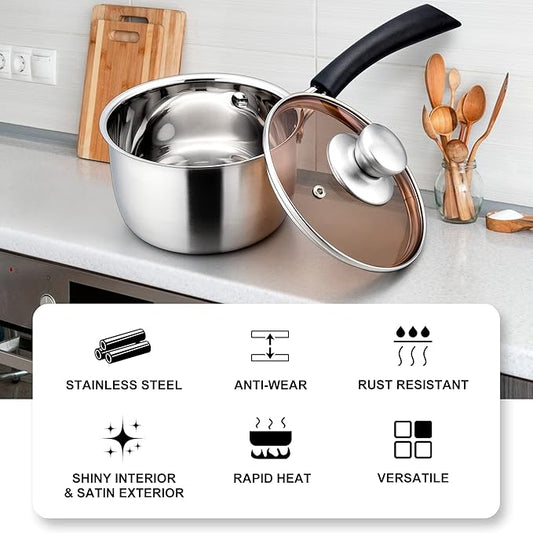 LIANYU 3QT Saucepan with Lid, Stainless Steel Sauce Pan Cooking Pot, 3 Quart Kitchen Cookware with Long Heatproof Handle, Dishwasher Safe