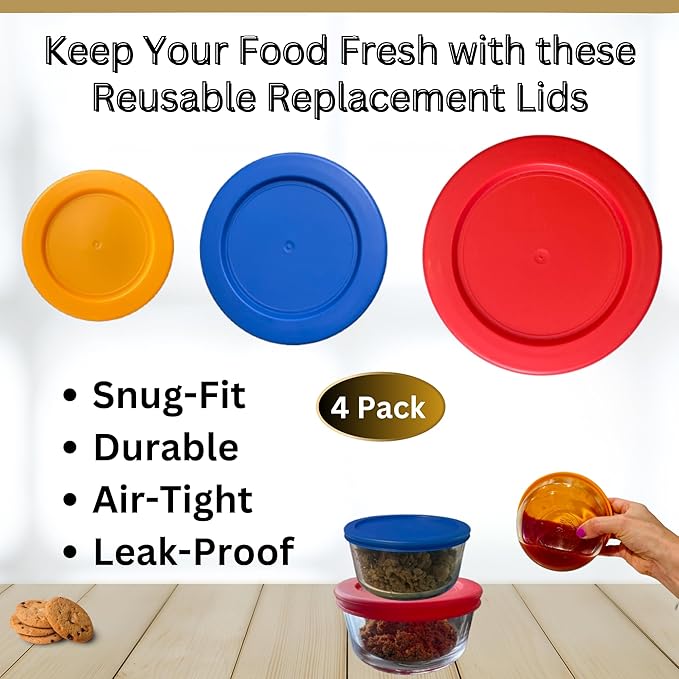 2, 4 & 7 Cup Orange, Blue, Red Replacement Lids/Covers for Pyrex, Anchor Hocking & KlareWare Storage Bowls *Lids Only Glass Container Not Included* (3 Pack *One of Each Size*)
