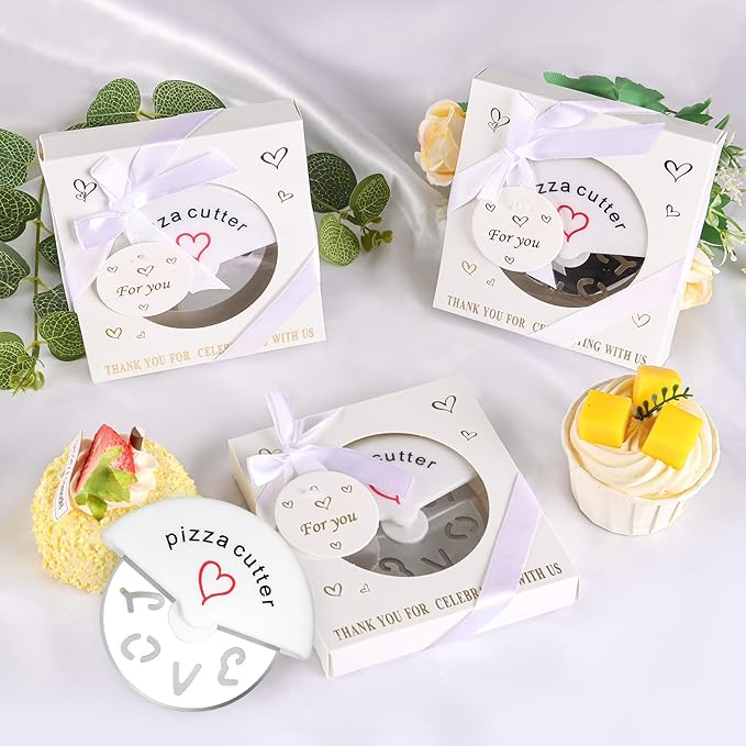 30Pcs Pizza Cutter Wedding Party Favors for Guests, White Mini Stainless Steel Pizza Cutter with Gift Box for Bridal Decoration Baby Shower Return Souvenirs Guest Prizes