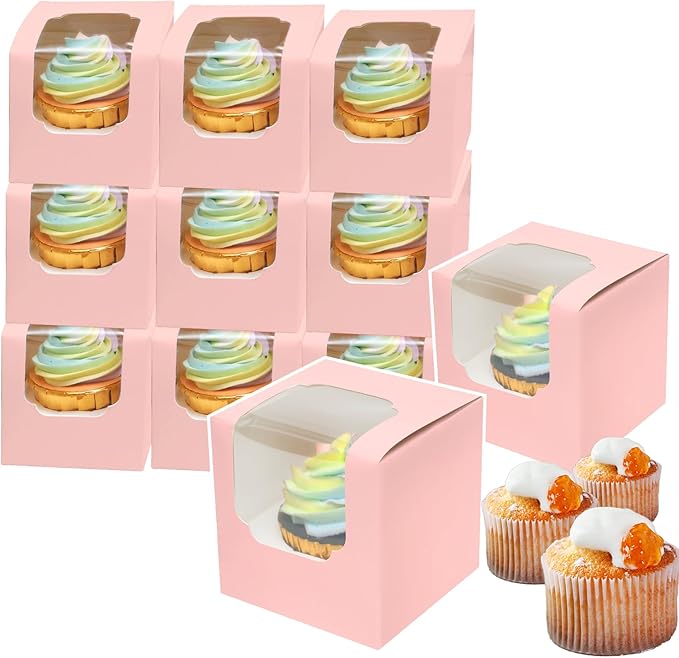 Bakepacker Auto-pop up Cupcake Boxes 30-Packs Individual Cupcake Container Pink 3.5" x 3.5" x 3.5" Single Cupcake Boxes