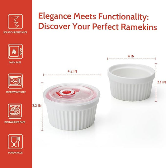 Sweese 6-Pack 8 oz Porcelain Ramekins with Lids, White Souffle Dishes for Baking, Creme Brulee Cups, Oven-Friendly Pudding Custard Bowls – Versatile Kitchen Essentials for Baking and Storing