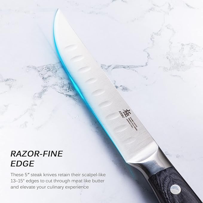 KYOKU Steak Knife Set of 6, Samurai Series 5" Steak Knives, Non Serrated High Carbon Steel Knives Set with Case Pakkawood Handles Mosaic Pins Sheaths, Ultra Sharp Dinner and Kitchen Knife Cutlery Set