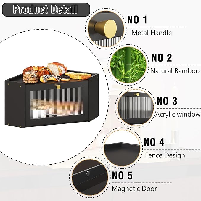 Corner Bamboo Bread Box for Kitchen Counter Large Capacity Rustic Bread Storage Container with Wavy Arcylic Transparent Door Vintage Storage for Homemade Bread (Black)