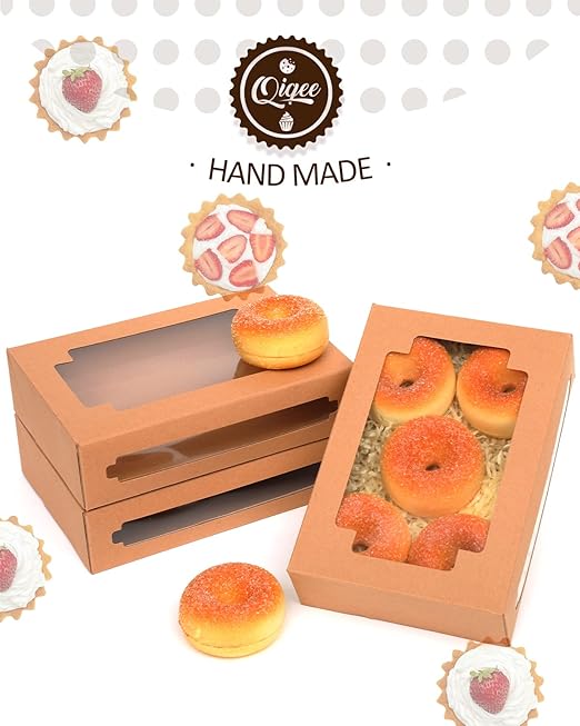 qiqee 36Packs Auto-pop up Kraft Cookie Boxes for Gift Giving 8x5.3x2 inch Brown Treat Box with Window One Second Folding Bakery Box for Donuts Candies and Biscuit