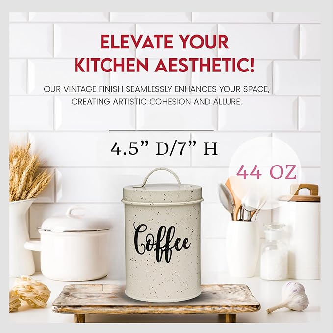 Amici Home Maddox Metal Coffee Canister | Dry Food Storage Container | Speckled Cream Canister for Kitchen Countertop | Storage Jar for Coffee with Handle | 44 Oz