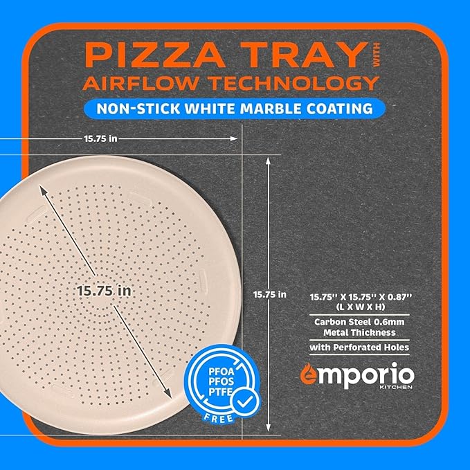 Non-Stick Pizza Pan 2 Pack – 16 Inch Round Carbon Steel Pizza Tray with Perforated Holes, PFOAPFOSPTFE-Free, Dishwasher & Oven Safe Up To 450°F, Durable Nonstick White Marble Coating