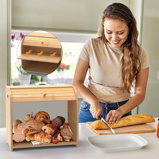 Bamboo Bread Box for Kitchen Countertop, Roll-top Breadbox Breads Storage Boxe with Adjustable Middle Shelf