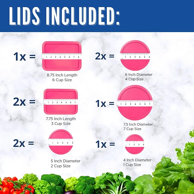 Replacement Lids for Pyrex Glass Food Storage Containers Rectangular (1) 1-Cup (2) 2-Cup (2) 4-Cup (1) 7-Cup (2) 3-Cup (1) 6-Cup Round Rectangle (Fuchsia)