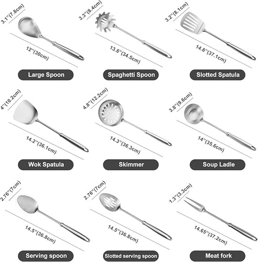 304 Stainless Steel Cooking Utensils Set, 9 PCS Metal Kitchen Utensils Set, Serving Spoon, Spaghetti Spoon, Skimmer, Meat Fork etc (Dishwasher Safe)