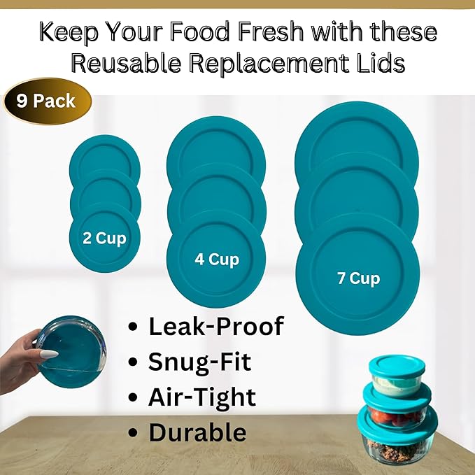 2, 4 & 7 Cup Turquoise Replacement Lids/Covers for Pyrex, Anchor Hocking & KlareWare Storage Bowls *Lids Only Glass Container Not Included* (9 Pack *Three of Each Size*)