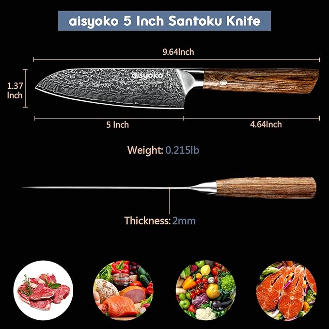Santoku Knife 5 inches-Japan VG-10 Super Steel 67 Layer Damascus Steel-Sharp Kitchen Knife-Luxury Gift Box with Colored Wooden Handle-With Scabbard