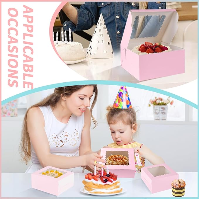 48pcs 10x10x5 Inches Cake Boxes,24pcs Pink Boxes and 24pcs Boards,Cajas Pasteles for Disposable 10 inch Cake box with Window (Pink, 10 * 10 * 5inch/48pcs)