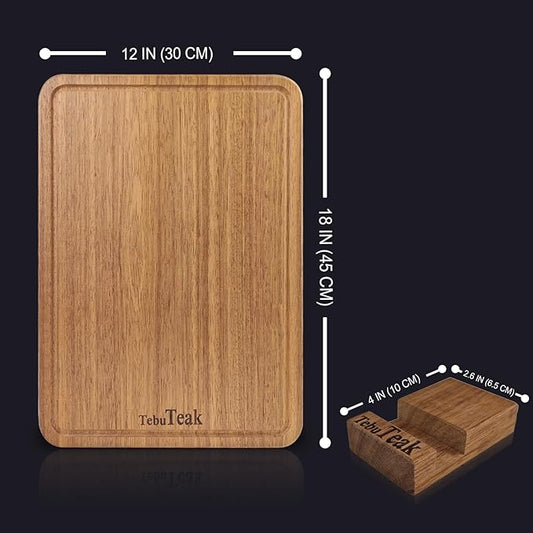 Solid Teak Wood Cutting Board - Single/One Piece Design Wooden Choping Boards Non Glued Knife-Friendly Durable Chopping Block for Kitchen Meat Vegetable Chese 18 x 12 IN (Includes Stand)