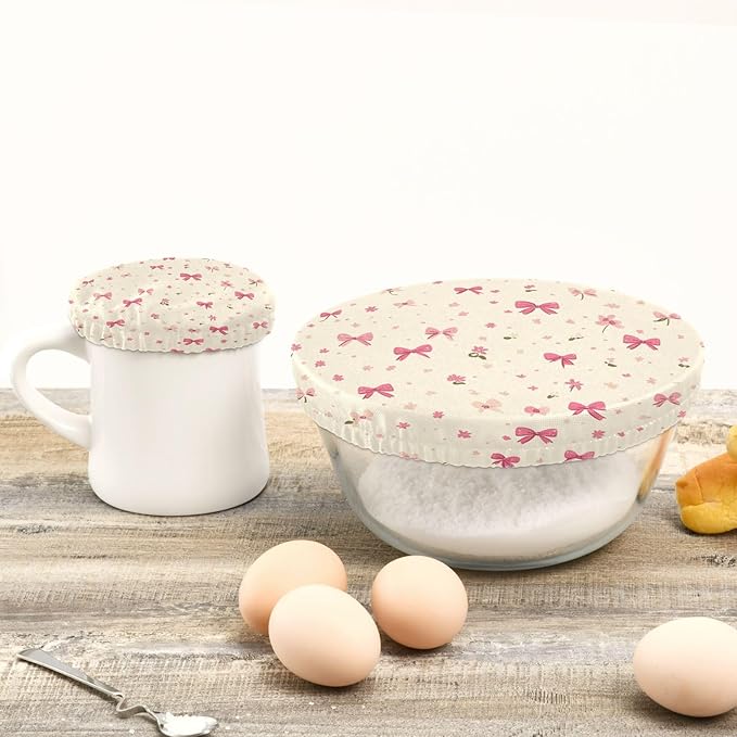 5 Pcs Bowl Covers Reusable in 5 Size Elastic Food Cover Cloth Lids Fresh Keeping Dish Cookware Bakeware Fabric Covers Lids for Food Leftovers Fruits Storage Beige Flower Pink Bows