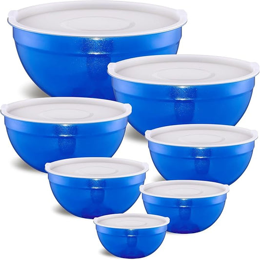 Blue Mixing Bowls with Airtight Lids, Stainless Steel Nesting Mixing Bowls Set of 7, Ideal for Baking, Prepping and Serving Food, Size 7, 3.6, 2.7, 2.1, 1.5, 1.1,0.8 QT, Stackable Design