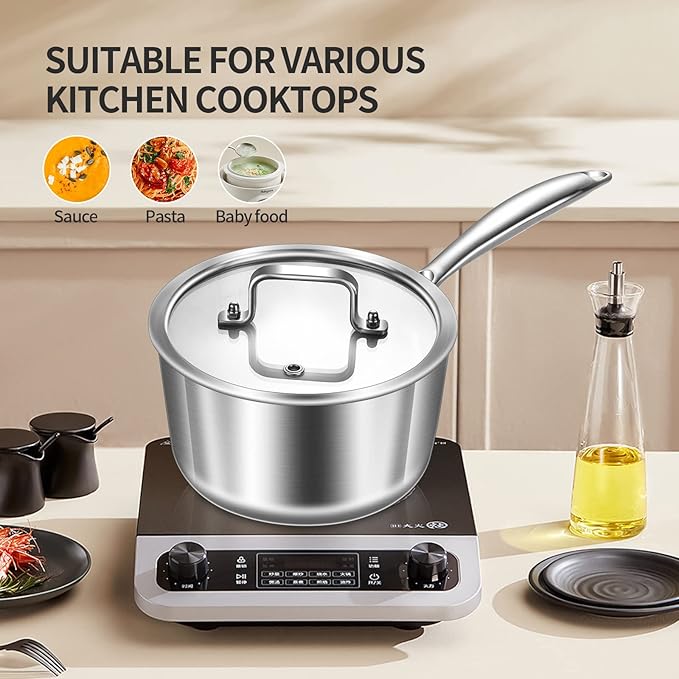 LOLYKITCH Whole Body Tri-Ply Stainless Steel Saucepan Set of 2,Induction Pots Set,Dia.16CM & 20CM Saucepans with Lids,Oven and Dishwasher Safe.（1.5QT & 3QT）