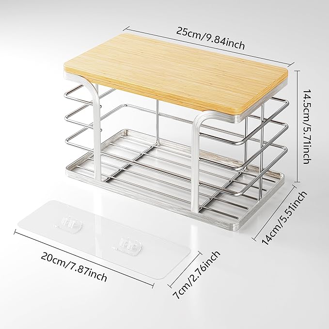 Trash Bag Holder with Bamboo Top, Wall Mount 304 Stainless Steel Garbage Bag Dispenser,Stackable Storage for Kitchen Laundry Organization,Silver Small