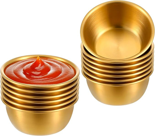 12 Pcs Stainless Steel Dipping Sauce Cups 2 oz Ramekin Mini Sauce Bowls Gold Condiment Cups Reusable Metal Ramekins Containers for Home Kitchen Restaurant Party (Gold)