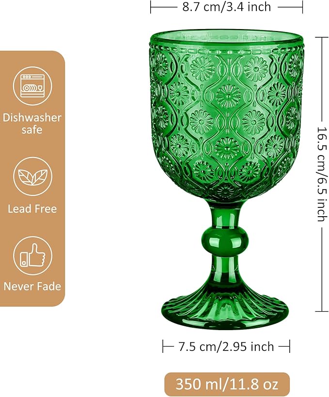 Joeyan Vintage Green Glass Wine Goblet,Embossed Floral Stemmed Wine Glasses,Colored Drinking Cups,Heavy-Duty Glassware for Wedding Party Bar,12 oz,Set of 4,Dishwasher Safe