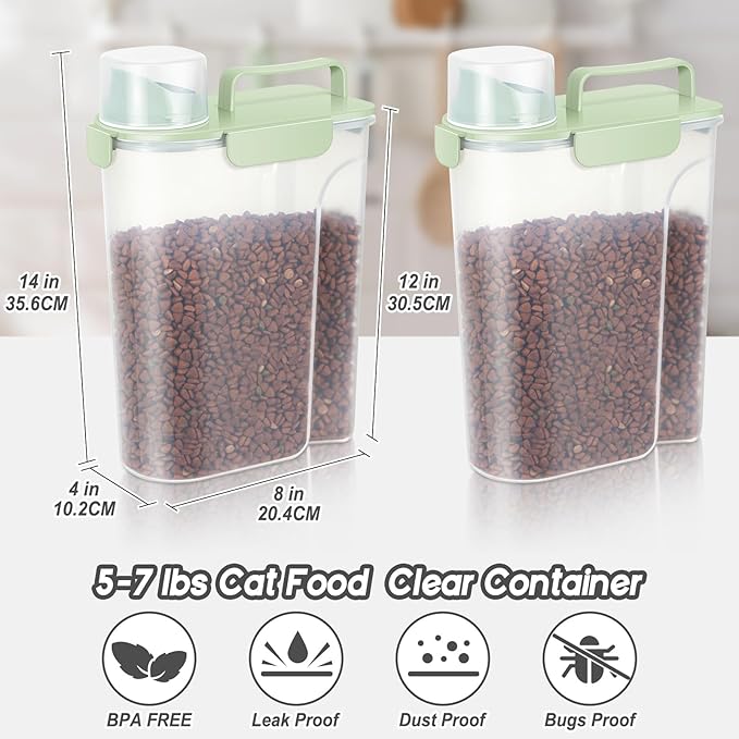 5Lbs /6Qt/5L Airtight Cat Dog Food Storage Container with Upgraded Large Nozzle BPA-Free, Pet Food Storage Containers for Rice, Grain, Pet Food, Flour, Dog Treat Storage-2 Pack Green