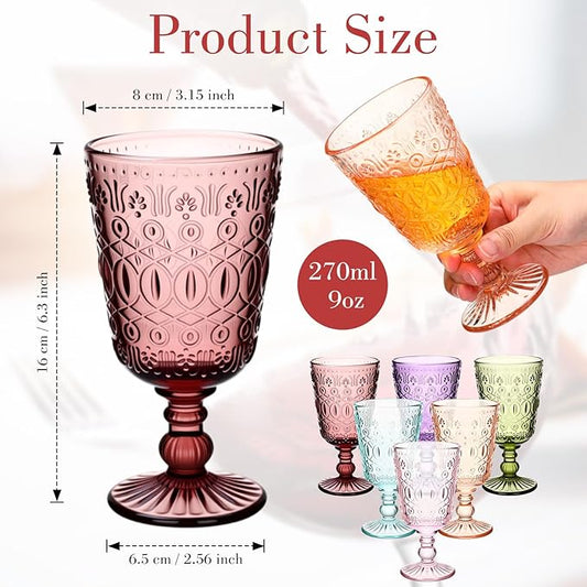 Eaasty Wine Glasses Set of 6 Vintage Goblet 9 oz Vintage Colored Glass Goblet Beverage Stemmed Glass Cups Romantic Embossed Glassware for Wedding Party Holidays Anniversary (Multi Colors)