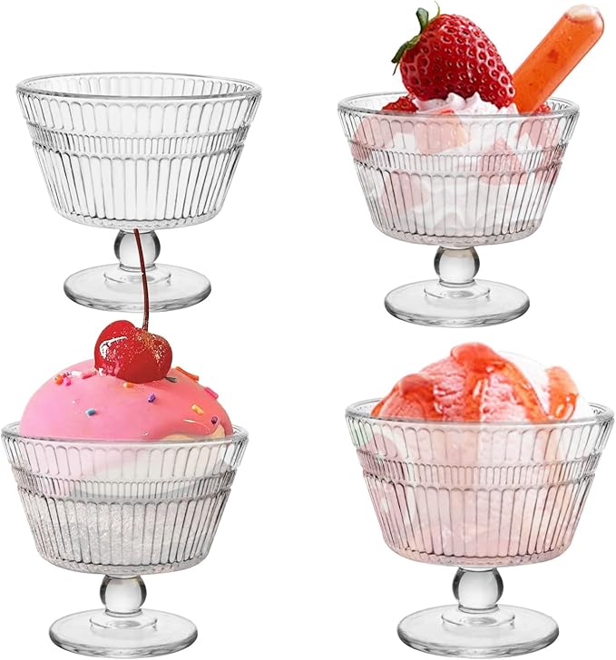Vintage Glass Dessert Bowls, Dessert cups Set of 4, 9 oz Sundae Cups for Ice Cream, Fruit, Pudding, small snacks, Yogurt, and Appetizers (4)