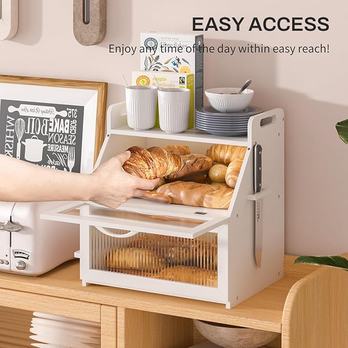 Bread Box, Bread Box for Kitchen Countertop, Large Bread Storage Container for Homemade Bread, Wooden Farmhouse Breadbox Organizers, Double Layer Bread Bin with Acrylic Window Bread Holder,White