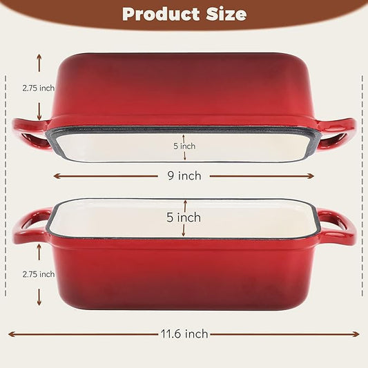 Cast Iron Bread Loaf Pan with Lid, 2 In 1 Loaf Pans for Baking Bread 9x5, Enameled Bread Pans for Homemade Bread, Sourdough, Even Heating Bread DutchOven, Red