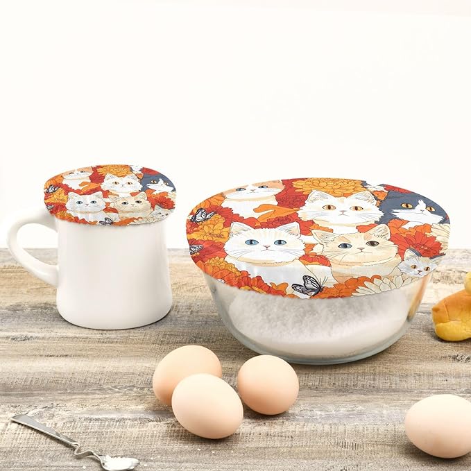 5 Pcs Bowl Covers Reusable in 5 Size Elastic Food Cover Cloth Lids Fresh Keeping Dish Cookware Bakeware Fabric Covers Lids for Food Leftovers Fruits Storage Orange Chrysanthemum and Cute Ca