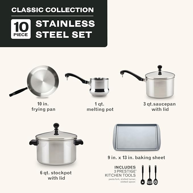 Farberware Classic Series Stainless Steel Pots and Pans with Baking Sheet Pan, Cooking Tools, and Lids, Induction Ready, Dishwasher Safe, 10 Piece Cookware Set, Metal Utensil Safe - Stainless Steel