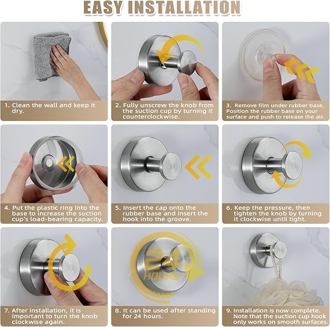 Suction Cup Hooks for Shower No-Drill Bathroom Hooks for Towels, Robes, Loofah Mountable on Bathroom Walls, Kitchen, Glass, Mirrors, Tile and Smooth,Non-Porous Surfaces (4, Brushed Nickel)