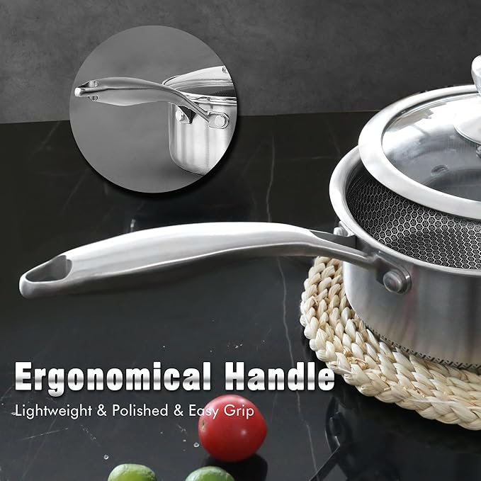 AuFranc™ Hybrid Nonstick 2 Quart Stainless Steel Saucepan with Glass Lid, Induction Sauce Pan with Honeycomb Carving, Non-stick Sauce Pot Compatible with All Cooktops, Dishwasher Safe, Non-Toxic