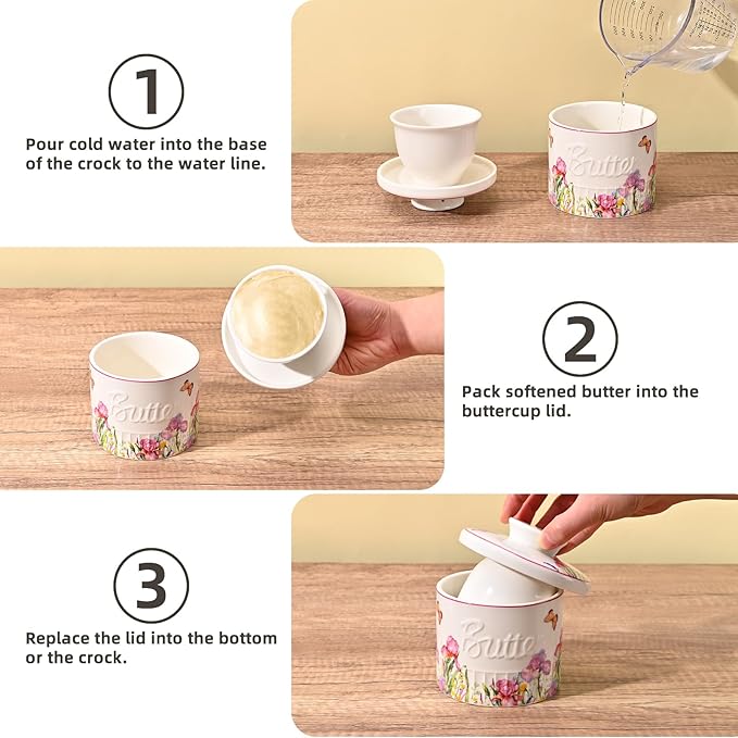 Ceramic Butter Crock With Water Line, Keeper for Counter, French Dish With Lid for Spreadable Fresh Butter (Spring Pink)