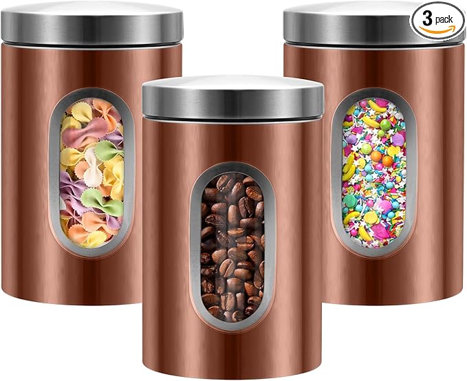 Canisters Sets for the Kitchen, 3pcs Sugar Flour Tea Coffee Storage Jars Stainless Steel Food Container Organizer for Kitchen Counter with Transparent Window (bronzy)