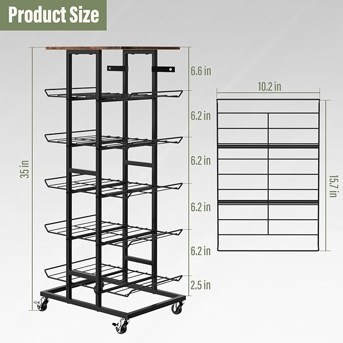 Water Bottle Organizer 6 Tier Bottled Water Storage Rack with Wheels Water Bottle Stand Drink Holder Metal Beverage Rack Soda Can Shelf Organizer for Pantry Kitchen Home Office Party, Brown