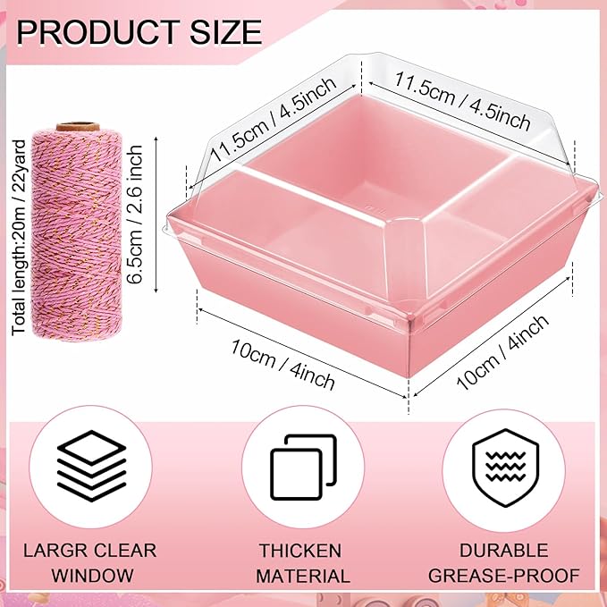Ctosree 100 Pcs Paper Charcuterie Boxes with Clear Lids 4.5 Inches Disposable Cake Square Dessert Container Bakery Boxes Bundle with Rope for Food Cake Slice Cookie Sandwich Dessert(Pink)