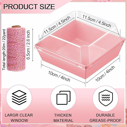 Ctosree 100 Pcs Paper Charcuterie Boxes with Clear Lids 4.5 Inches Disposable Cake Square Dessert Container Bakery Boxes Bundle with Rope for Food Cake Slice Cookie Sandwich Dessert(Pink)