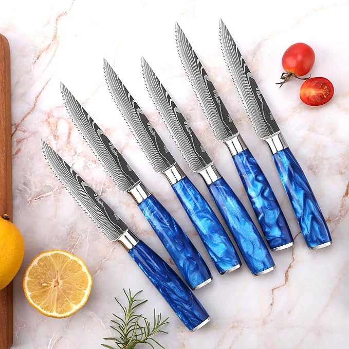 SENKEN Professional Steak Knife Set with Engraved Damascus Pattern, Razor Sharp Blade, High Carbon Stainless Steel with Beautiful Gift Box, Blue & Red Resin Handles