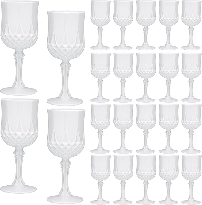 JLYLOL Plastic Vintage Wine Glasses 7OZ Plastic Goblets Vintage Drinking Glasses 24PCS Retro Wedding Glassware Water Goblets Reusable Drinking Cups for Party,Reception,Celebration,Bar,Whiskey(White)