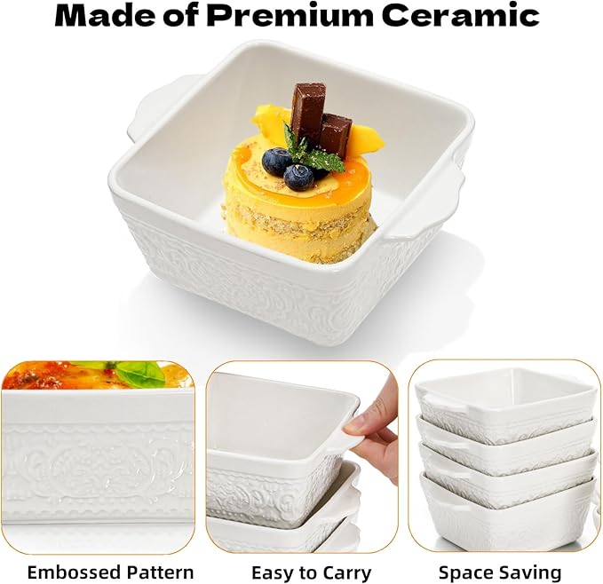 6 Pack 13 OZ Ceramic Baking Dishes, 4.5" Mini Square Bakeware Set, Small Baking Pan with Handle, Individual Casserole Dish for Oven, Roasting, Lasagna, Pie, Gratin, Microwave Safe, White