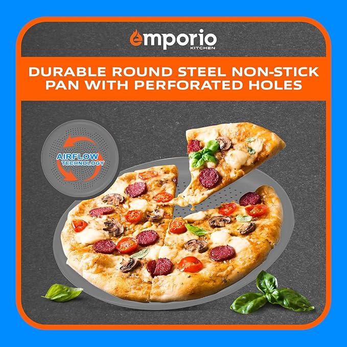 Non-Stick Pizza Pan 1 Pack – 16 Inch Round Carbon Steel Pizza Tray with Perforated Holes, PFOAPFOSPTFE-Free, Dishwasher & Oven Safe Up To 450°F, Durable Nonstick Silver Coating