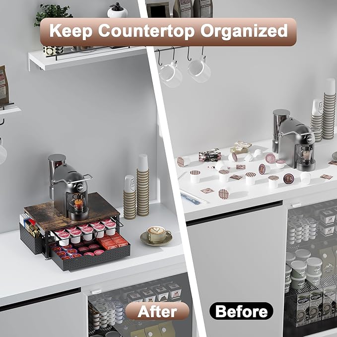 K Cup Holder, Coffee Pod Holder with 2 Tier Sliding Storage Drawer and 1 Hanging Basket for 51 Large or 73 Small Capsule,K Cup Coffee Station Organizer Accessories for Counter,Home,Office,Kitchen